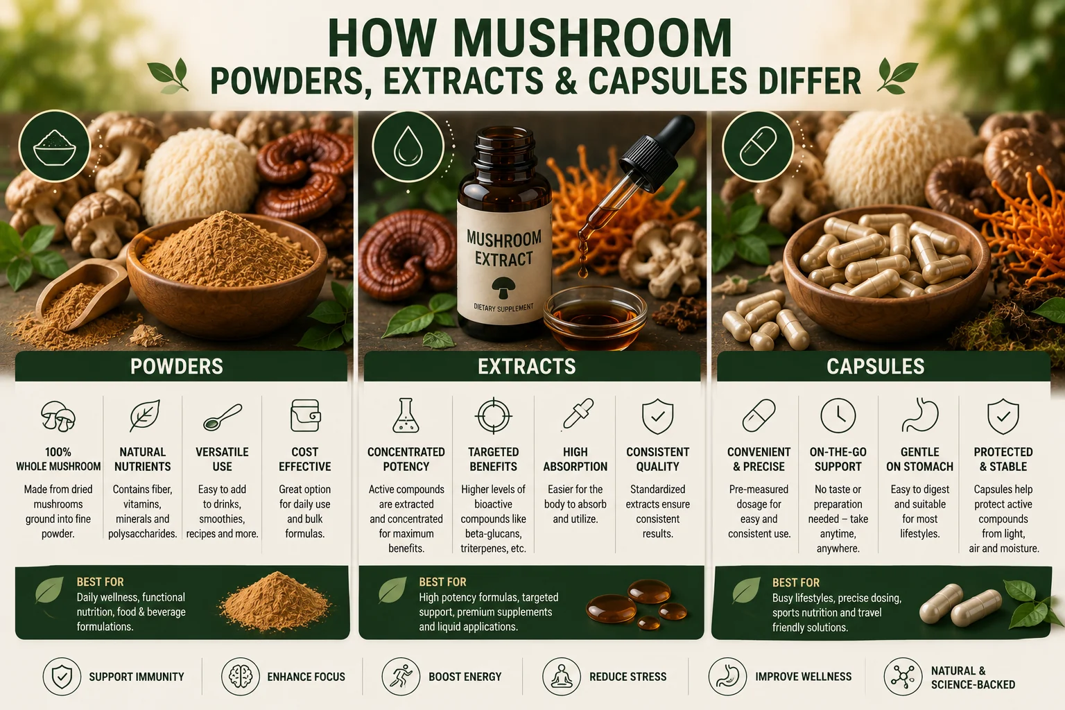 How Mushroom Powders, Extracts and Capsules Differ