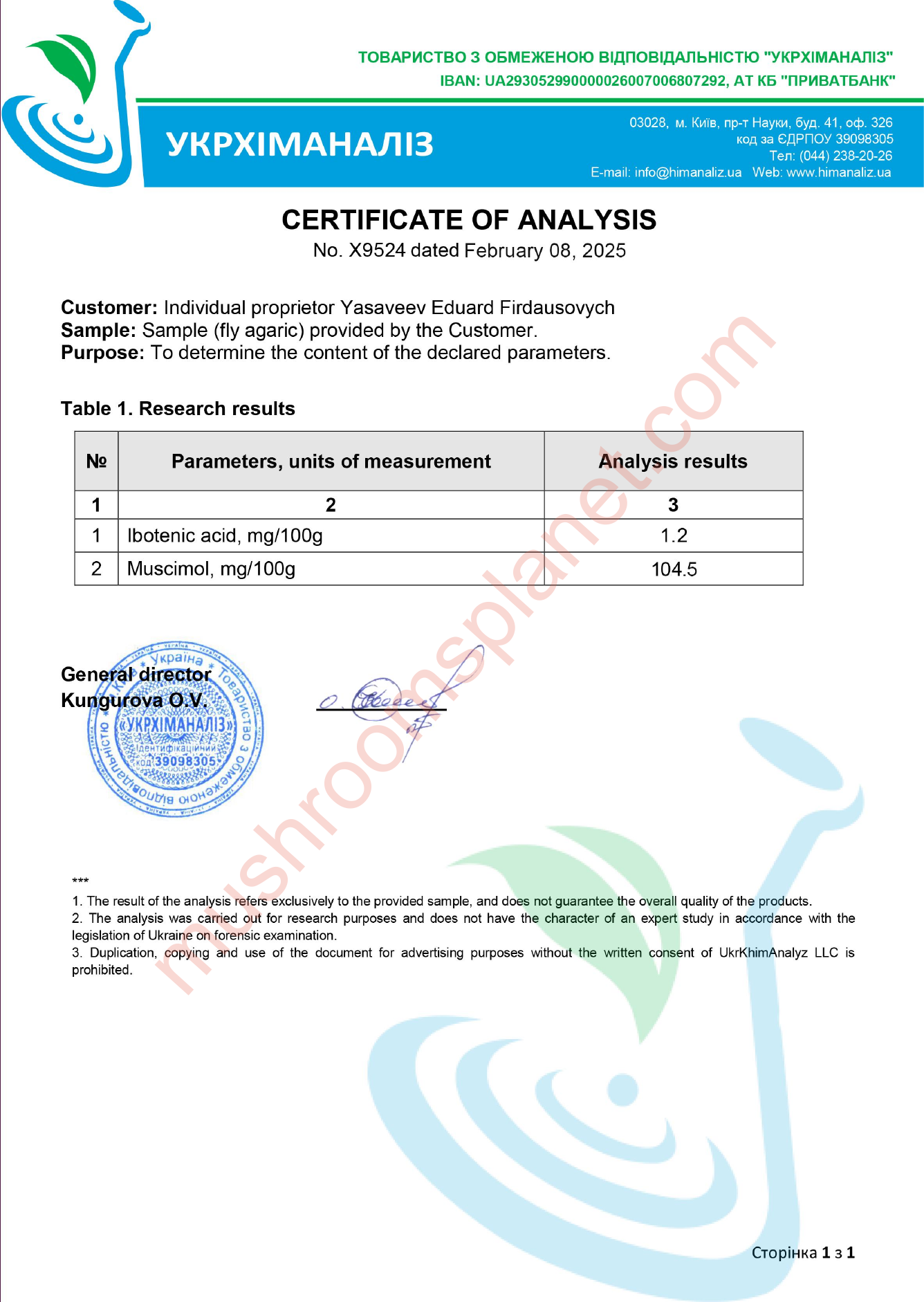 Certificate of Analysis No. X9524 - Amanita muscaria (English)