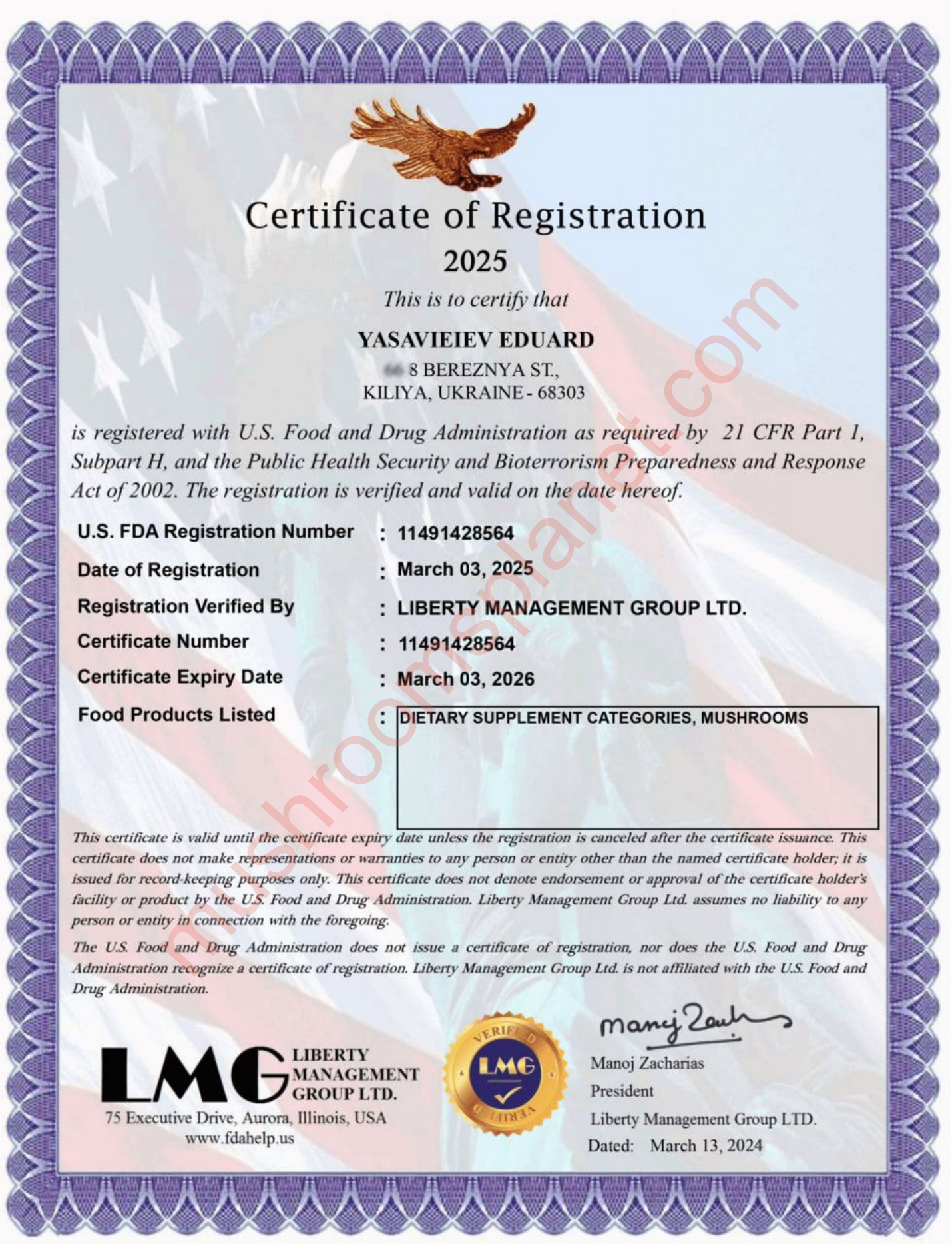 FDA Certificate of Registration 2025 - Yasavieiev Eduard