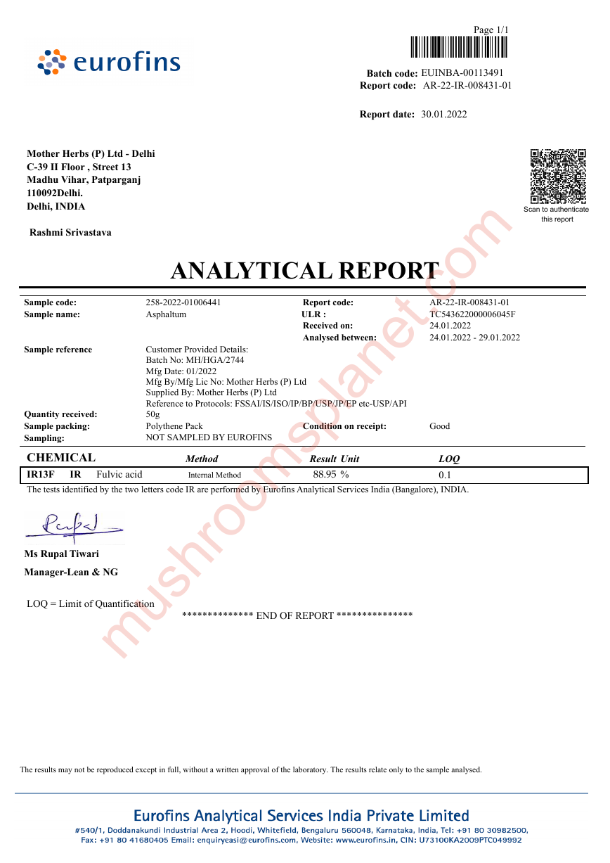 Shilajit Fulvic Acid Eurofins Analytical Report
