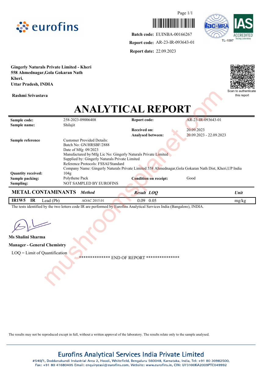 Shilajit Heavy Metals Eurofins Analytical Report