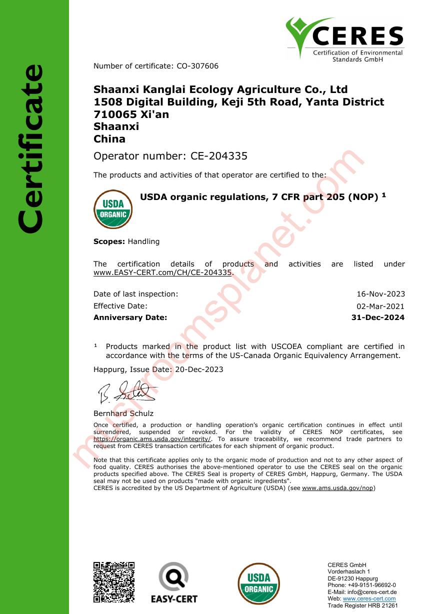 USDA Organic Certificate - Shaanxi Kanglai Ecology Agriculture