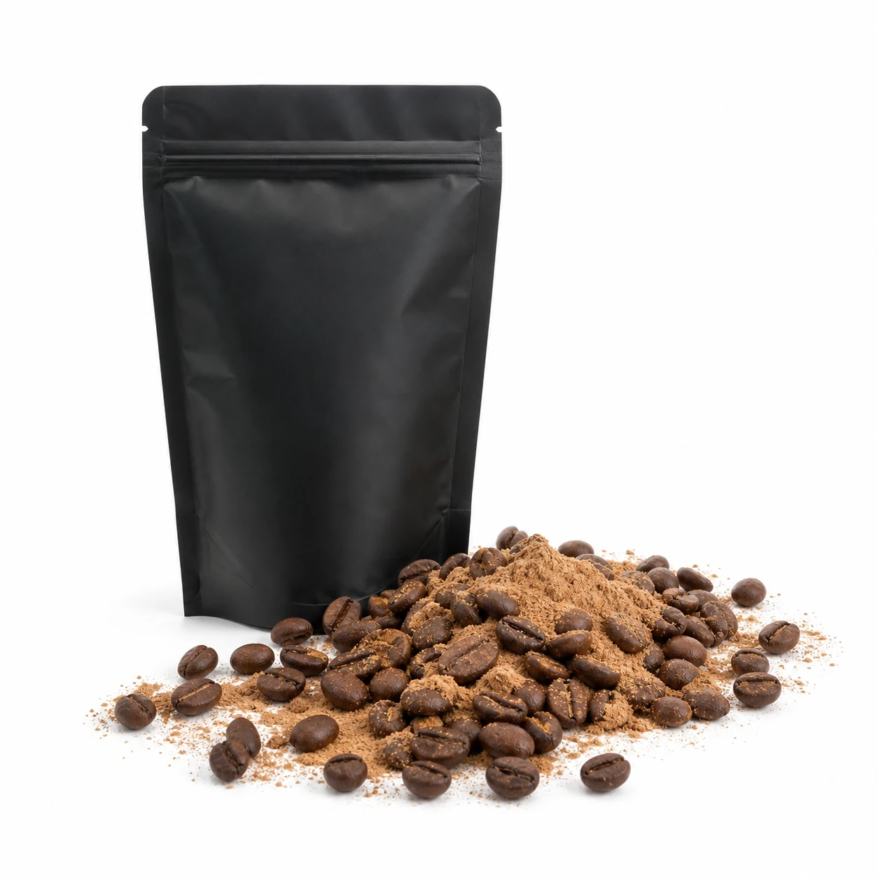 Whole bean coffee with light brown mushroom powder
